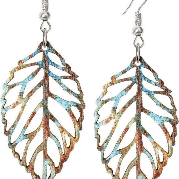 Handmade Bohemian Colorful Nature Wooden Leaf Dangle Drop Earrings Ethnic Africa - Picture 1 of 7